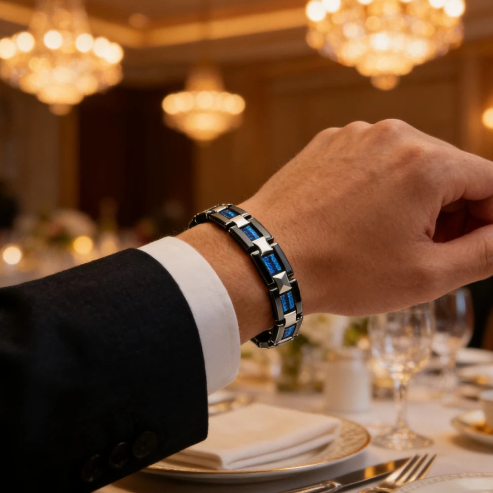 Luxury Hypoallergenic Black Ceramic Natural Blue Opal Bracelets for Men and Women Charm Bangles Tungsten Carbide Jewelry