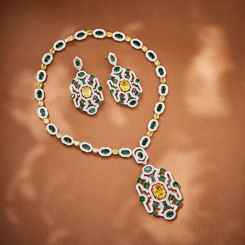 Factory Wholesale Brass Material Inlaid with Zircon Green Women's Jewelry Set  Classic Necklace Wedding Party