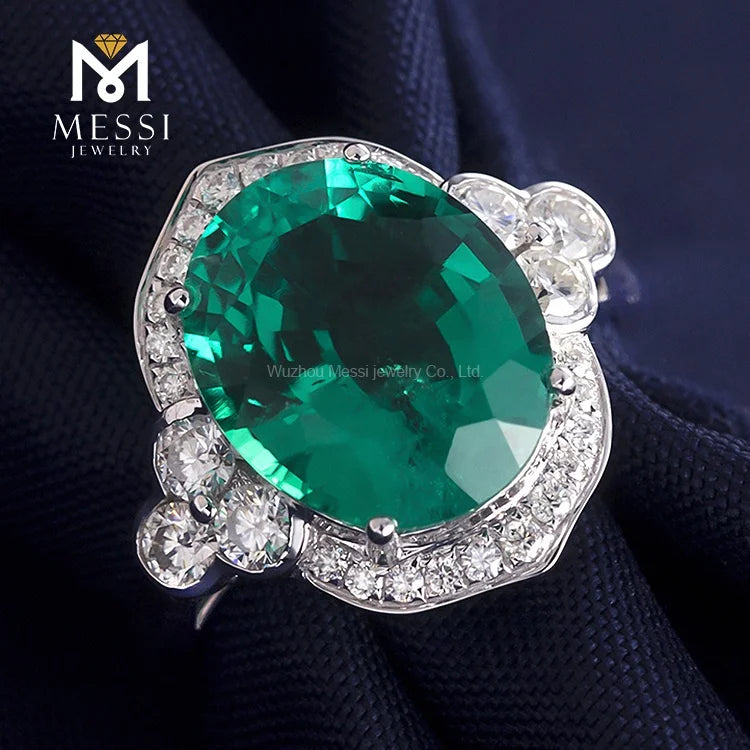 Gemfiori Messi Jewelry Antique Rings Emerald and Moissanite 14k 18k White Gold Jewelry for Woman Engagement Wedding halo Ring
