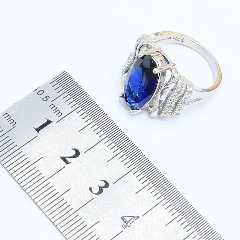 XOTICA Blue Semi-Precious 925 Sterling Silver Jewellery Set for Women Wedding Bracelet Earrings Rings Necklace Pendant-for Party Gift