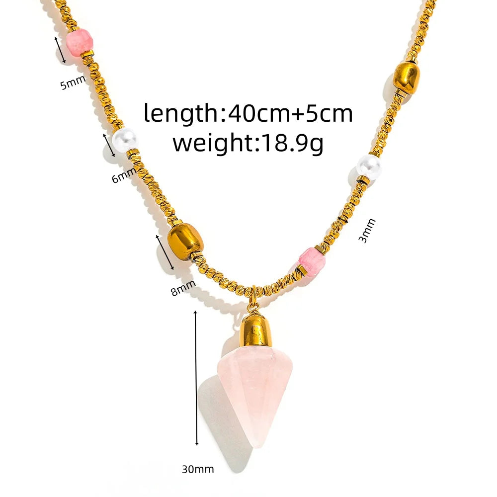 Joolim PVD Plated Wholesale Waterproof Boho Healing Conical Fish Pendant Natural Stone Beaded Necklace Stainless Steel Jewelry