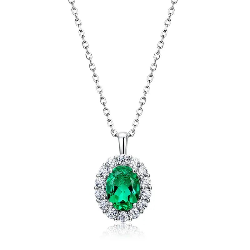 Oval Shape Vintage 925 Sterling Silver 1ct  Lab Grown Emerald Pendant Necklace Lab Grown Diamond Necklace for Gift