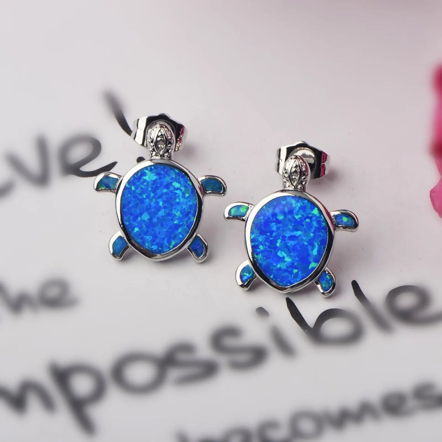 Aobao Style Water Drop-shaped Alloy Sea Turtle Earrings Opal Studs Cute Girls' Gem Jewelry