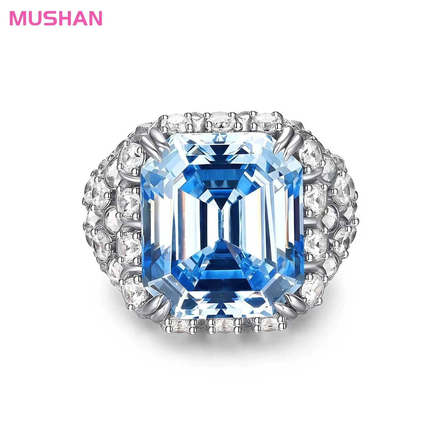 MUSHAN Jewelry Factory 925 Sterling Silver 18K Gold Plated Luxury Engagement Wedding Bands Ring 16CT Synthetic Aquamarine Rings