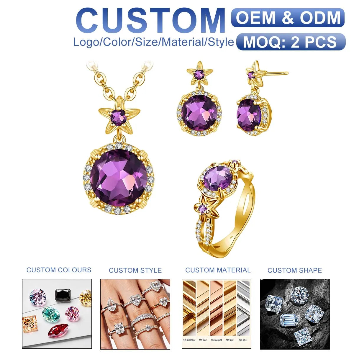 ArtistA Luxury Palace Style Amethyst Cubic Zirconia Sterling Silver Gold Plated Engagement Anniversary Bridesmaid Jewelry Gift Set