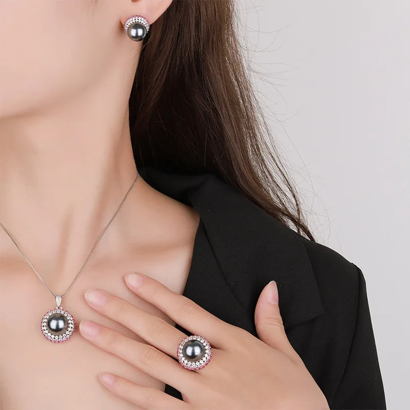 Gemfiori European and American Caibao Inlaid Earring Ring Niche High-end Feeling Gray Pearl Necklace Set Jewelry Set