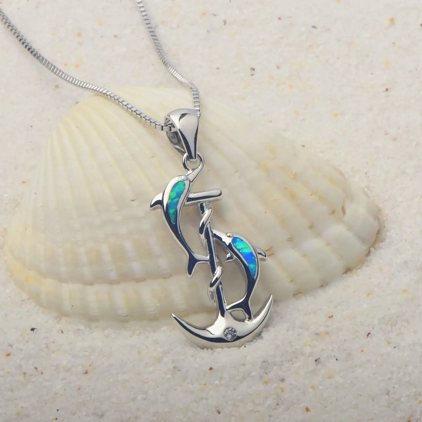 TikTok INS Wind Hawaii Beach Explosion Copper Alloy Opal Dolphin Pendant Silver Plated Box Chain Vintage Women's Party Wholesale