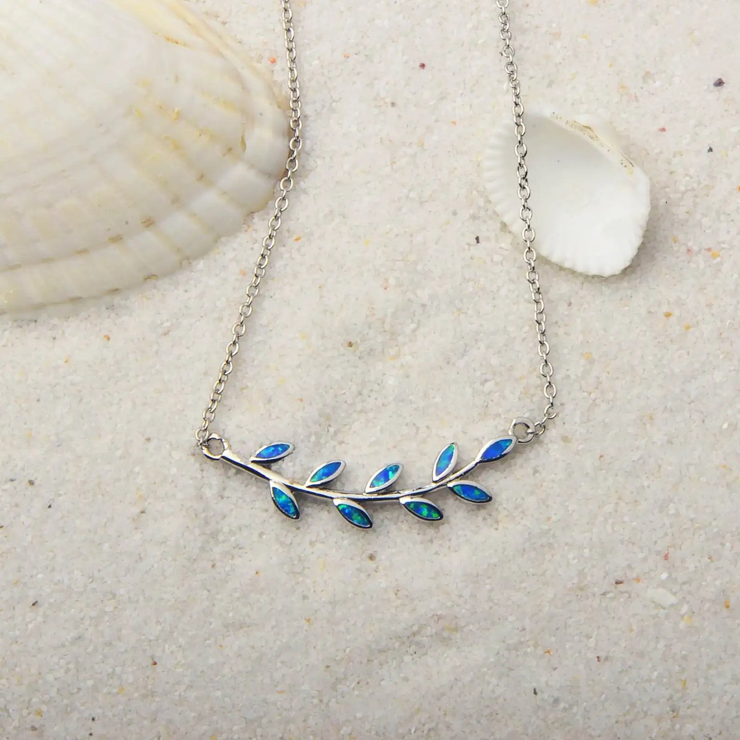 Aobao Silver Plated Copper Alloy Opal Leaf Necklace with Box Chain Christian Design for Women's Anniversary Gift