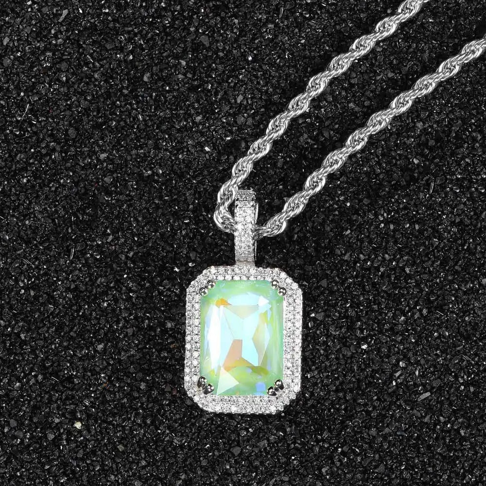 Luxury Bling Cubic Zirconia Jewelry Square Large Gemstone Pendant Necklace  for Men and Women Hip-Hop Sweater Chain Necklace