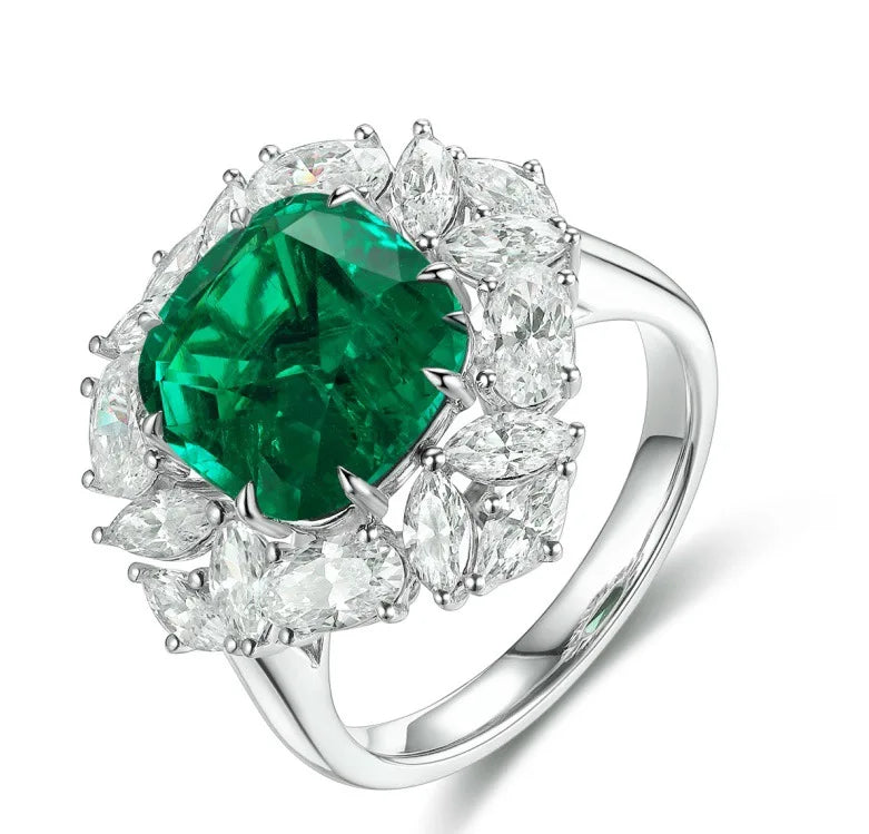 Gemfiori 925 Sterling Silver 8*8 Cushion Cut Lab Emerald Engagement Ring Halo Diamond CZ Engagement Ring