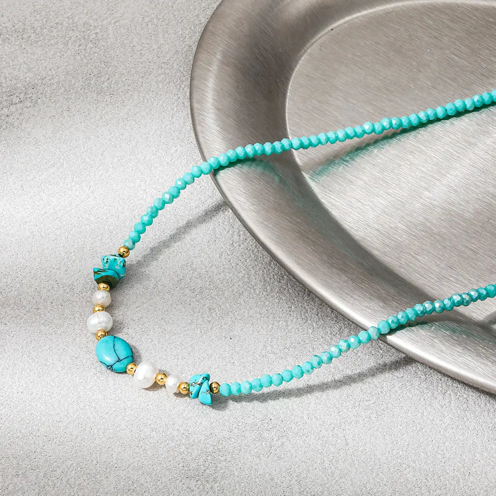 Joolim PVD Plated Wholesale Waterproof Fashion Boho Mixed Turquoise Chip & Pearl Bead Necklace Stainless Steel Jewelry