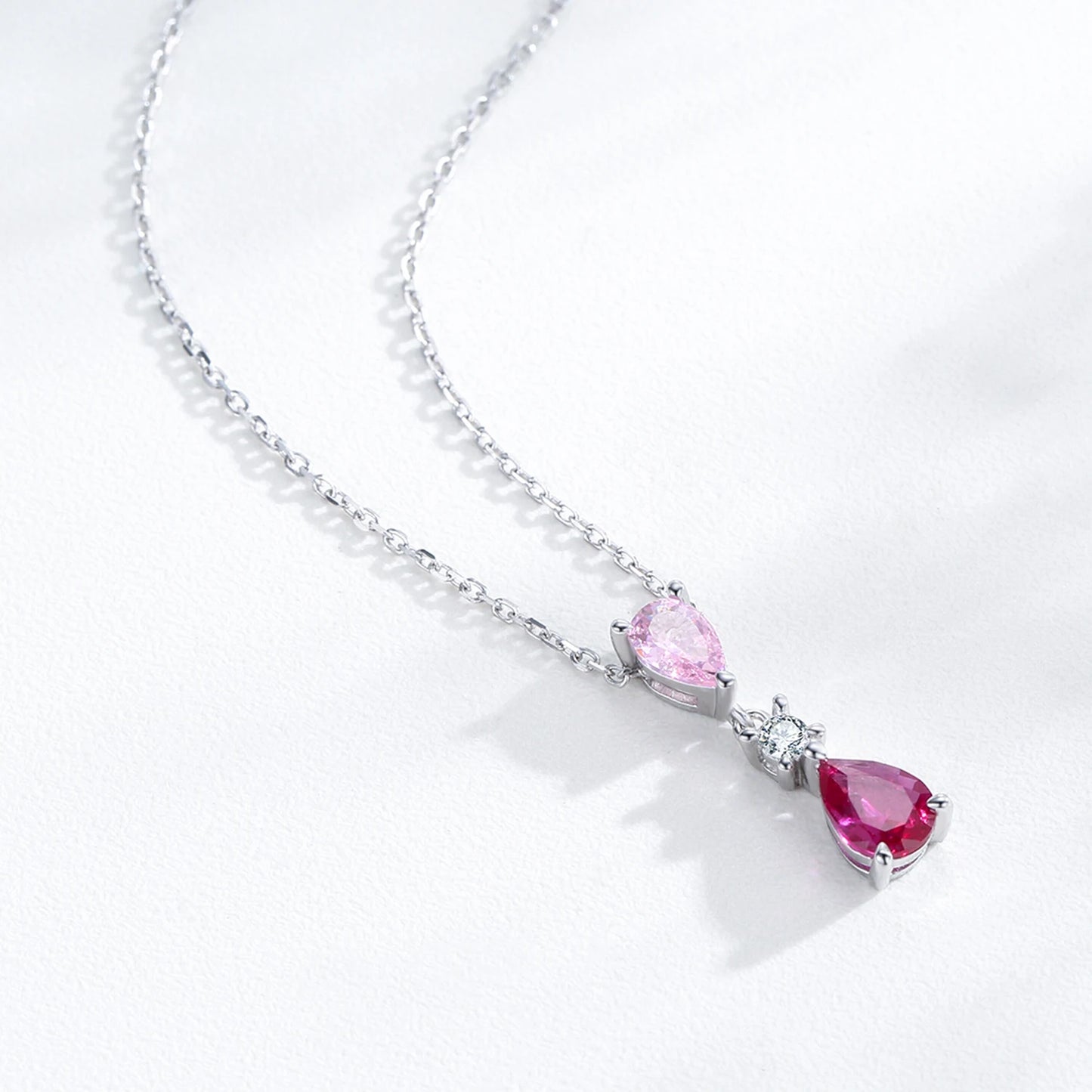 Ailmay 925 Sterling Silver Sweet Pink Water Droplet Zircon Pendant Necklace Earrings Set for Women Romantic Valentine's Day Gift
