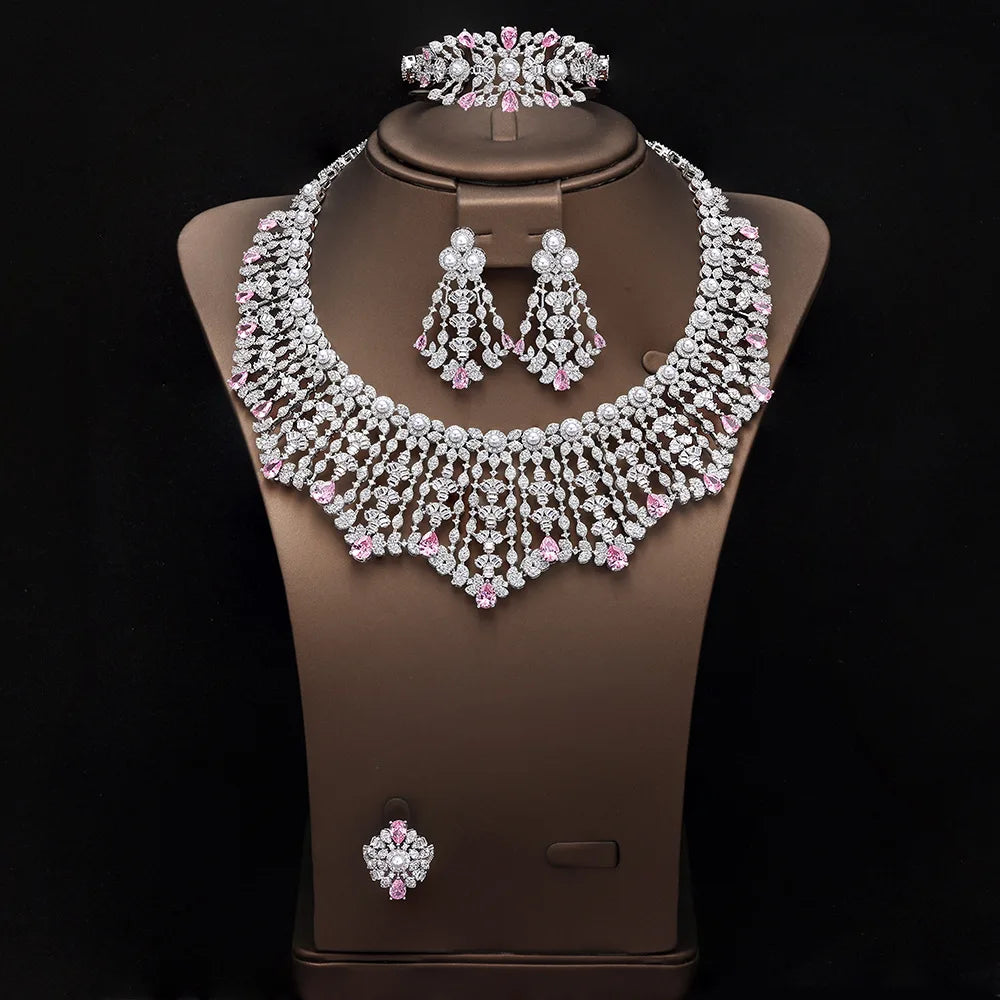 Luxury Zircon Bridal Jewelry Set – Necklace, Earrings, Ring & Bracelet
