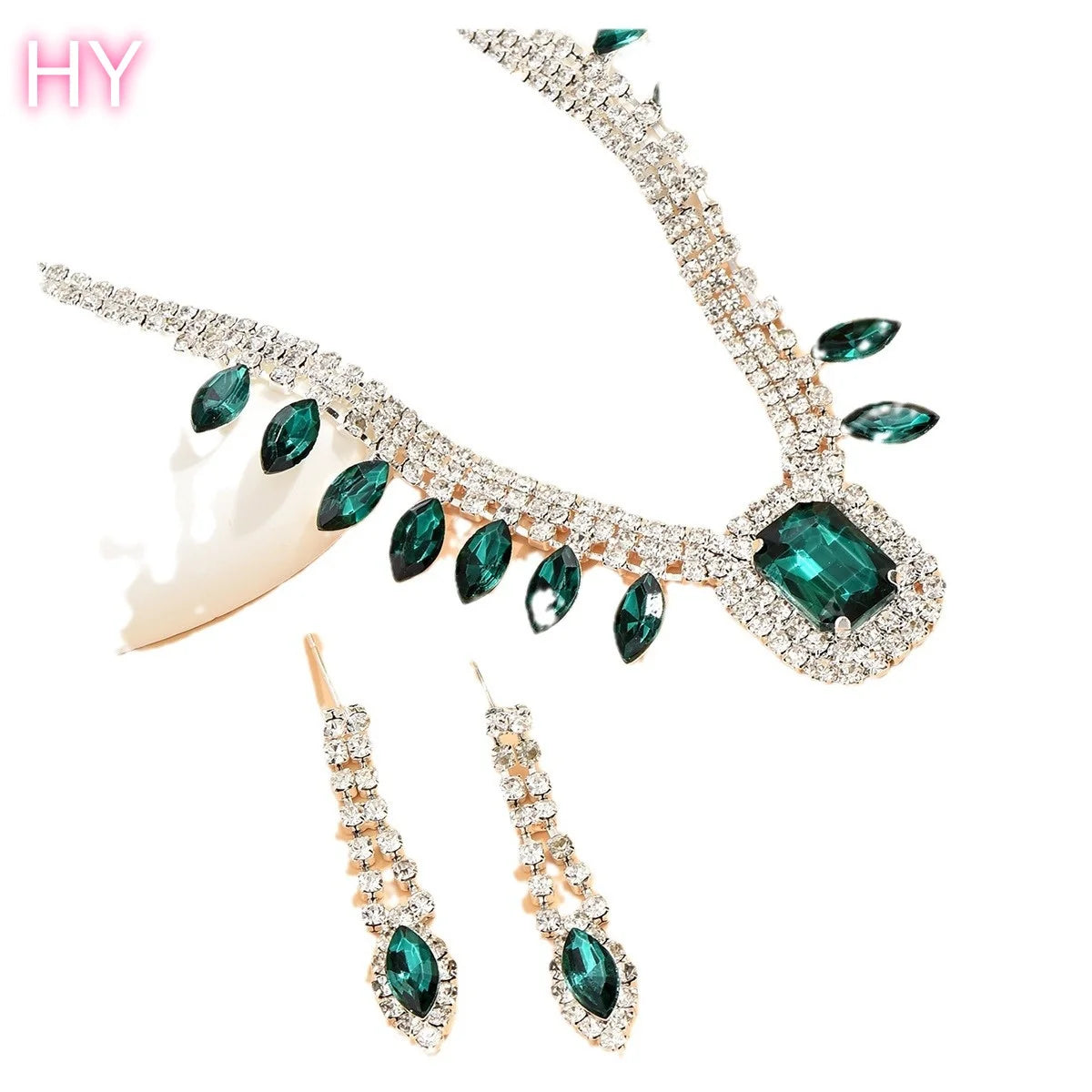 HY  Dinner Dress Crystal Rhinestone Jewelry Set Black Royal Blue Crystal Gemstone Drop Earrings Necklace Set for Women