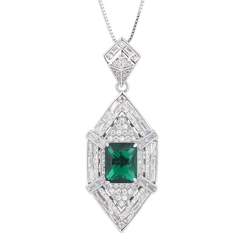 Gemfiori French Style Light Luxury Palace Emerald Zircon Pendant Ring Earrings Retro Niche Design Set