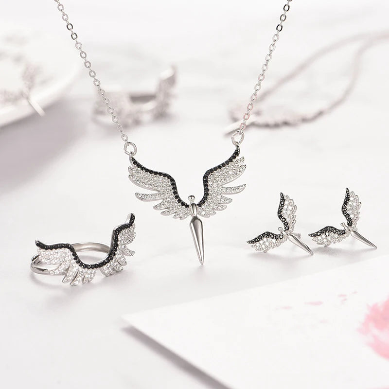 Copper Plated Angel Wings Jewelry Set for Women Full Inlaid Zircon Pendant Necklace Earrings Ring for Parties