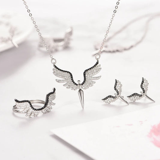 Copper Plated Angel Wings Jewelry Set for Women Full Inlaid Zircon Pendant Necklace Earrings Ring for Parties