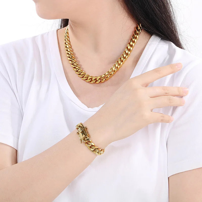 REBEL Hip Hop Cuban Chain Necklace & Bracelet | 12mm Stainless Steel Multi-Size