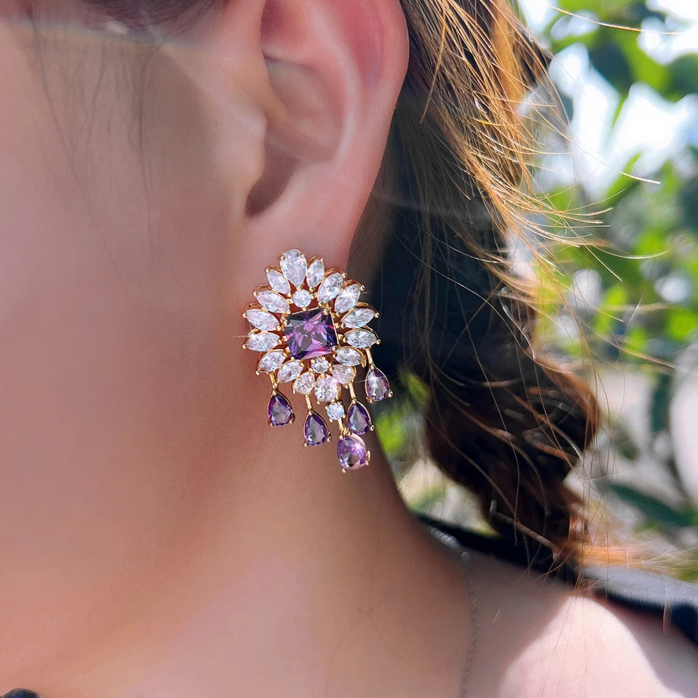 S&S Purple & White CZ Tassel Dangle Drop Earrings | Gold | Bridal Party | NewLife