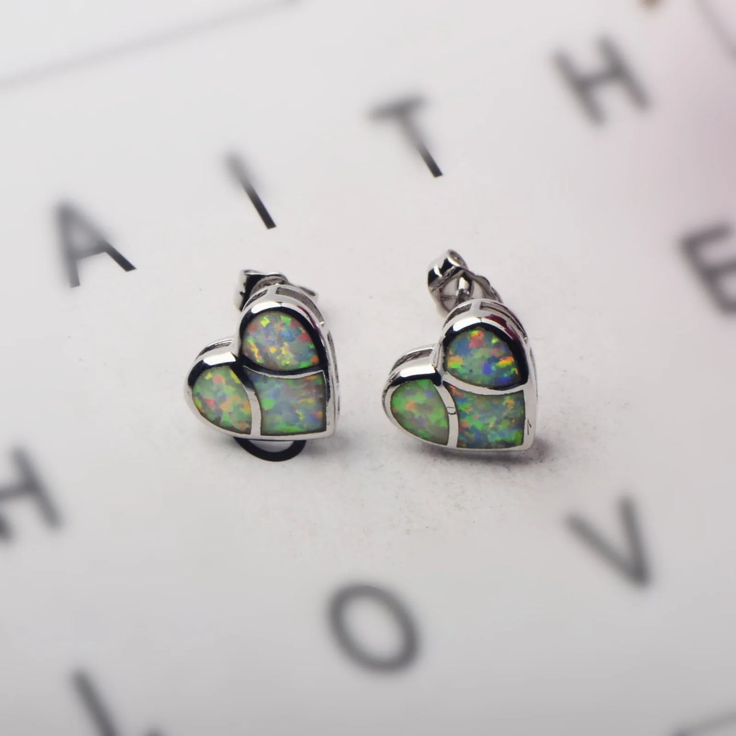 Patchwork Heart Opal Stud Earrings - Iridescent Opal Segment Design | Dainty Romantic Daily Jewelry Bulk Gifts