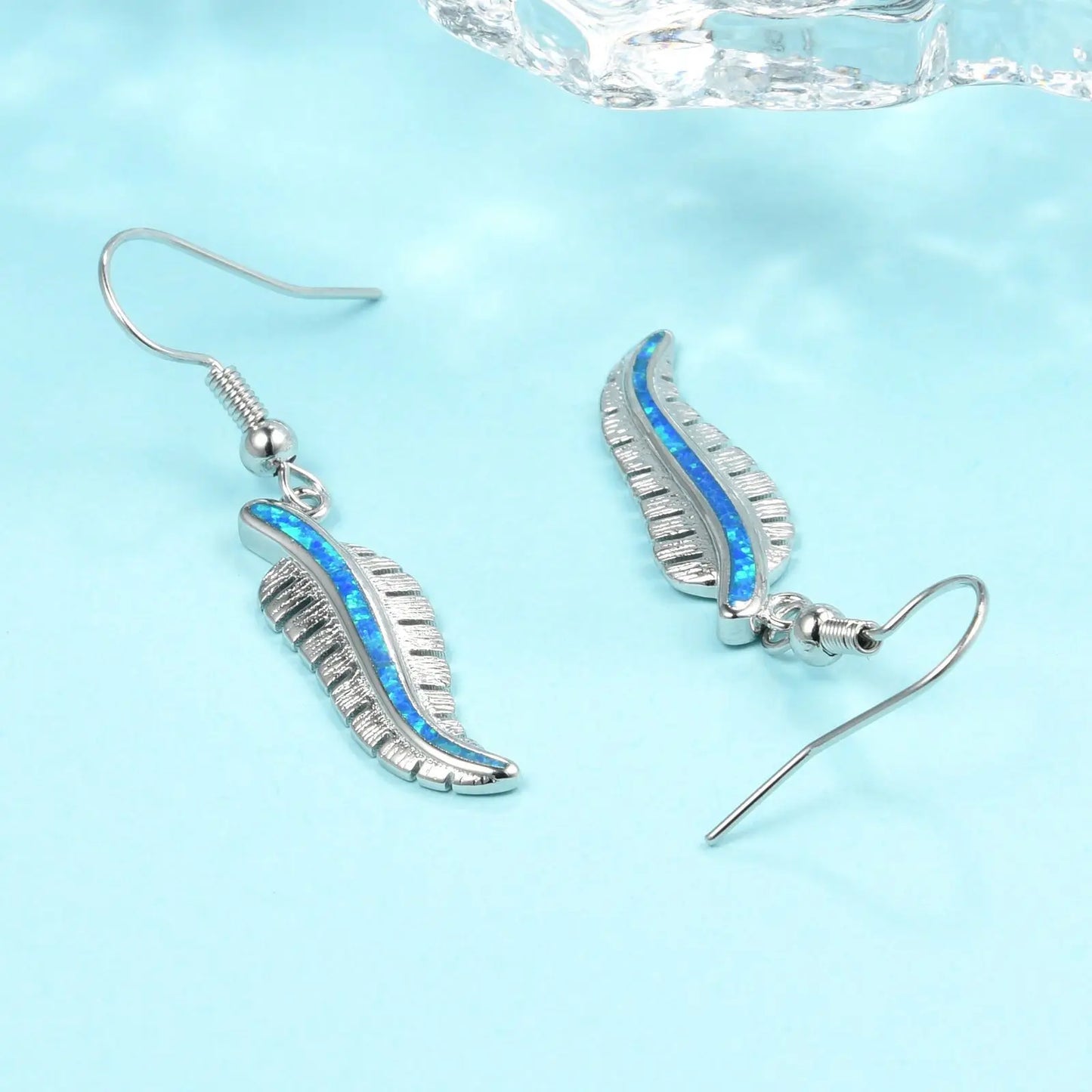 Hawaiian Ocean Style Blue Opal Feather Earrings Must Have Vacation Opal Jewelry