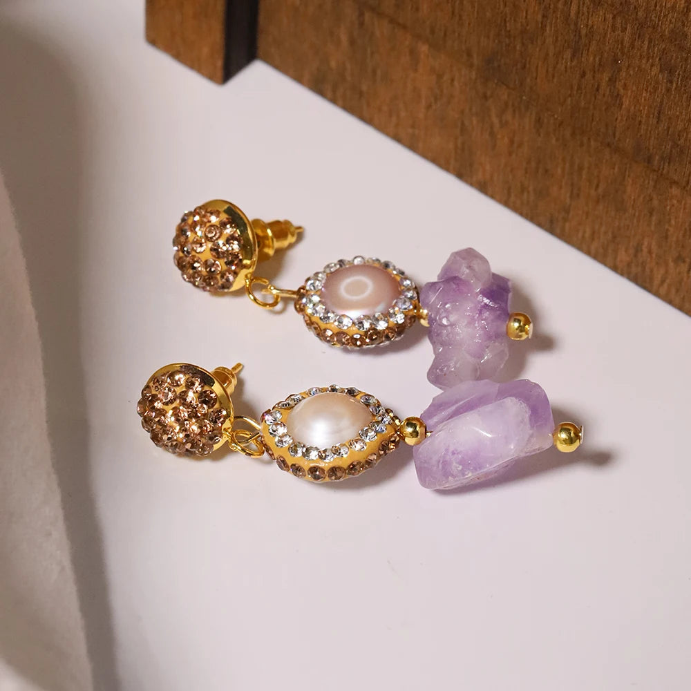 Natural Baroque Pearl Amethyst Pendant Earrings for Women Korean Classic Vintage Fashion Jewelry Stud Earrings GE1604