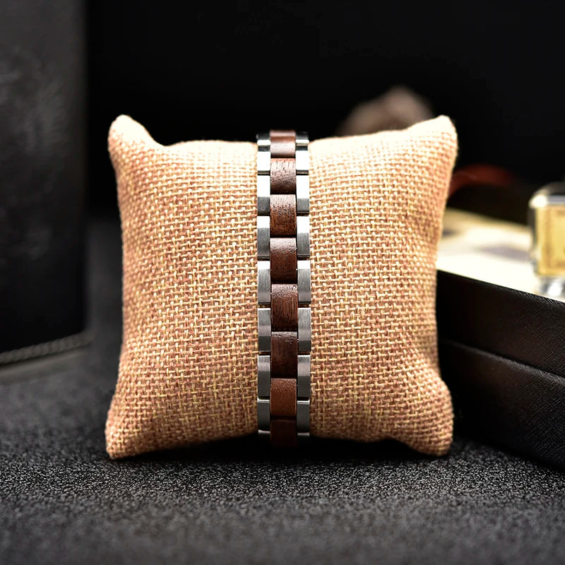 REBEL S&S REBEL Stainless Steel Unisex Walnut Wood Skeleton Bracelet for Men and Women
