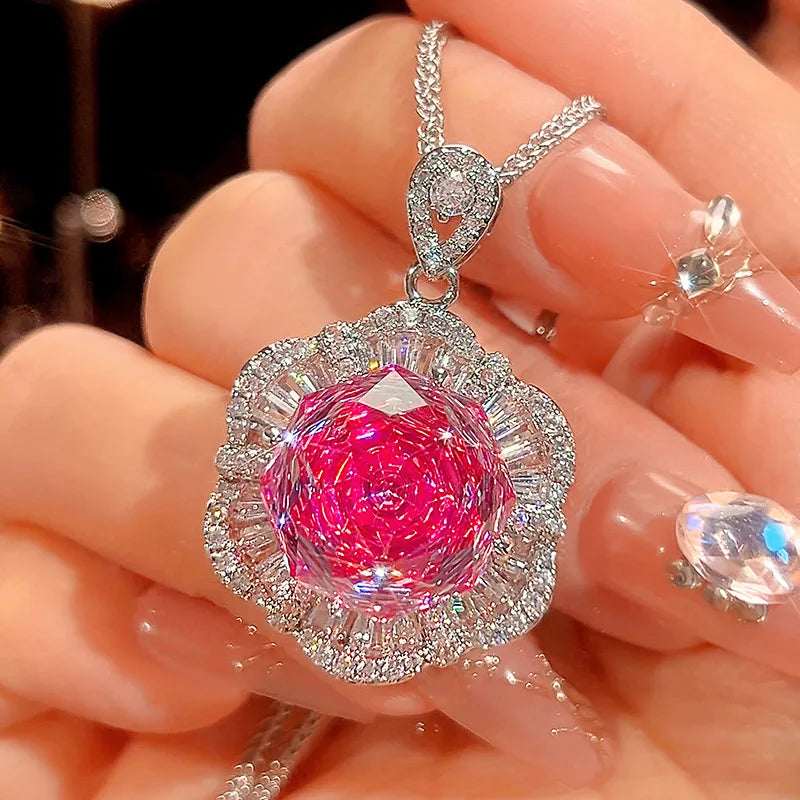 Gemfiori Fashionable Luxury Jewelry Rose Red Zircon Pendant New Exquisite Temperament and High-end Feeling Set