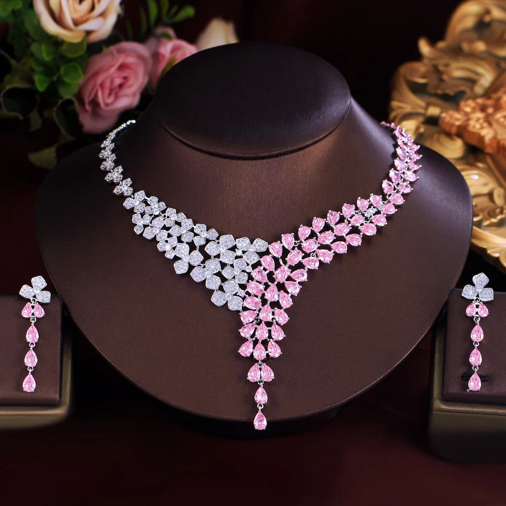 Elegant Shimmering Pink White Water Drop Cubic Zircon Long Earrings and Necklace Bridal Wedding Party Jewelry Set for Women