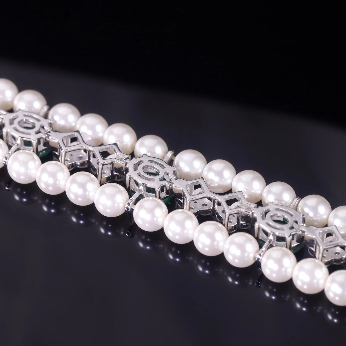 Gemfiori AB067 Abiding Exquisite Imitated White Pearl Emerald White Quartz 925 Silver 3 Row Tennis Bracelet for Ladies at Best Price