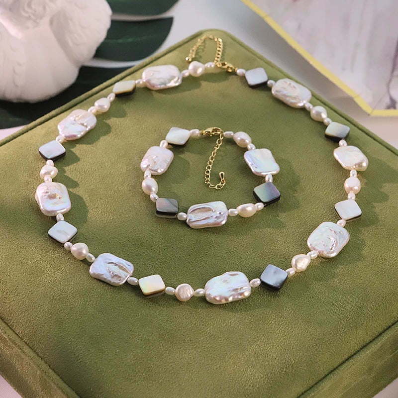 GLSEEVO Natural Freshwater Baroque Pearl Jewelry Set for Mother's Day Gift Rectangle Pearl Necklace Bracelet Luxury Jewelry