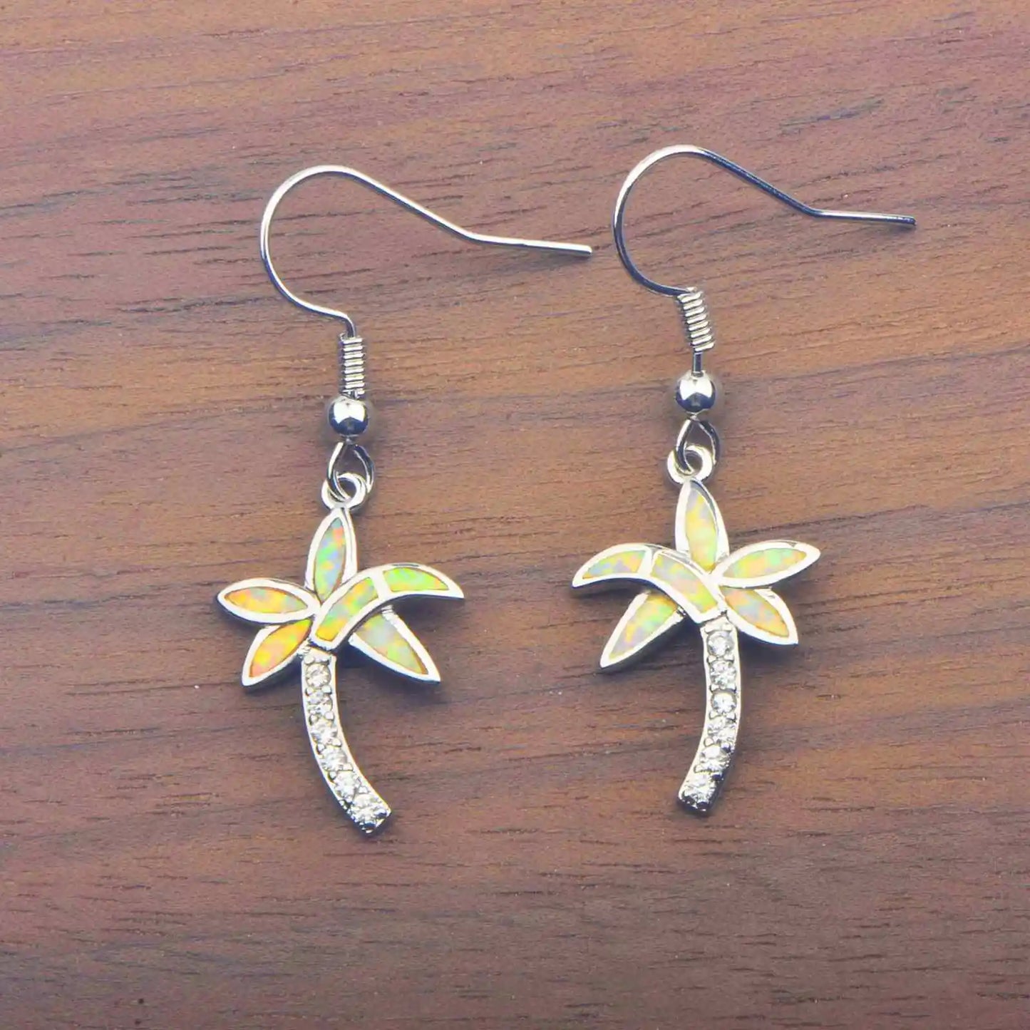 Tropical Palm Tree Opal Drop Earrings - Iridescent Opal Fronds & CZ Trunk Design | Vacation-Chic Daily Jewelry Bulk Gifts