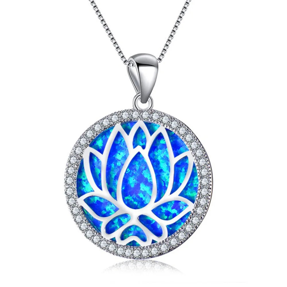 European American Fashion Opal Lotus Pendant Necklace Summer Floral Jewelry Statement Chain