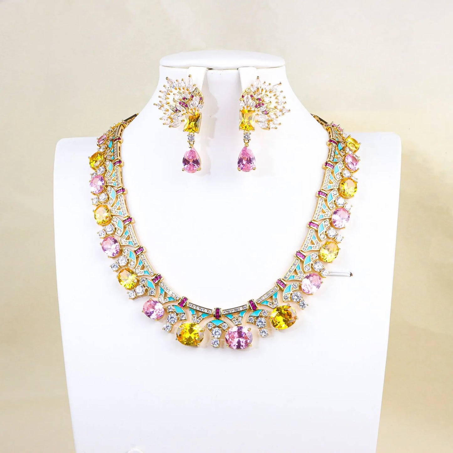Luxury Flower Zirconia Choker Necklace & Earrings Set — Purple & Yellow
