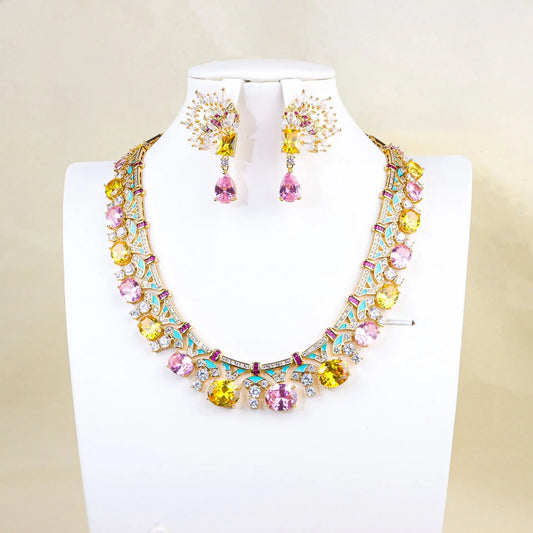 Luxury Flower Zirconia Choker Necklace & Earrings Set — Purple & Yellow