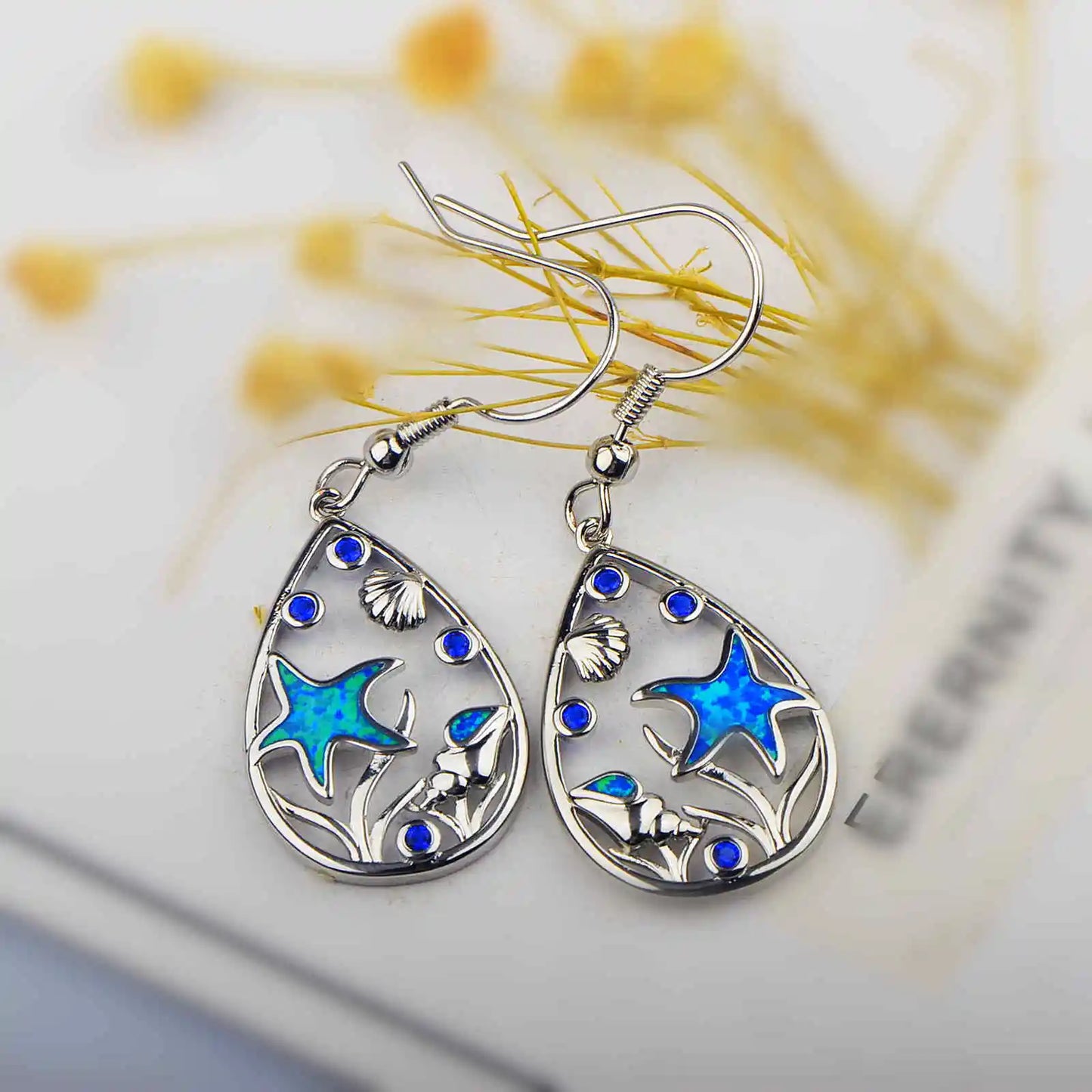 Ocean-Themed Teardrop Opal Drop Earrings - Blue Fire Opal Starfish & Shell Detail | Beach-Chic Daily Jewelry Bulk Gifts