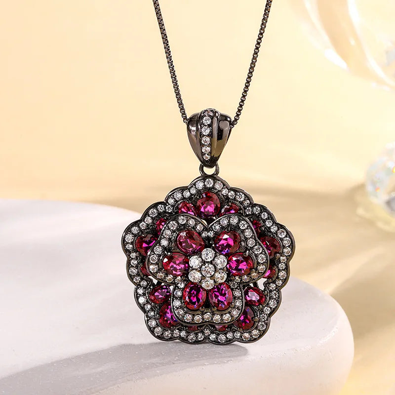 Gemfiori Vintage Camellia Necklace with Micro Inlaid Zirconia Pendant Light Luxury Fashion Ring Set
