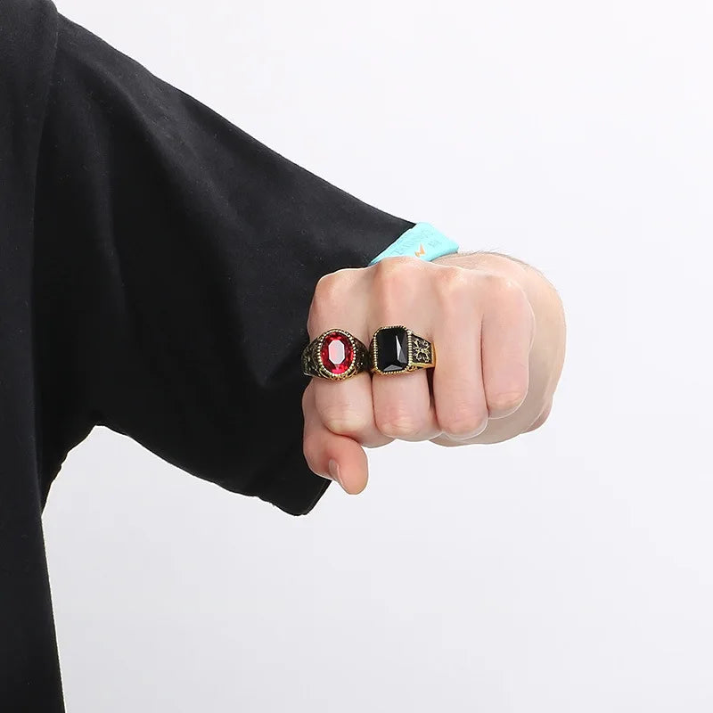 Kalen Vintage Viking Jewelry Luxury Court Style Gemstone Carved Zircon Inlays Stainless Steel Men Rings