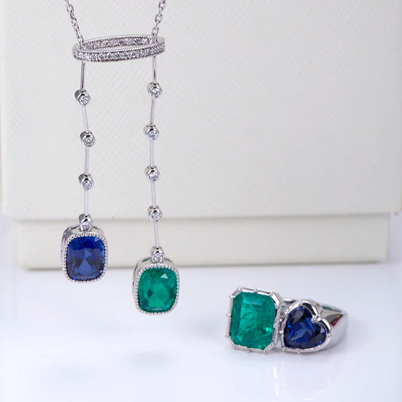 Messi Jewelry  MSR-1170 18K White Gold Lab Sapphire Lab Emerald Gemstone Custom Rings