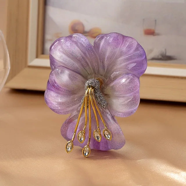 Vintage Glitter Floral Brooch, Gold Stamen Crystal Women Accessory