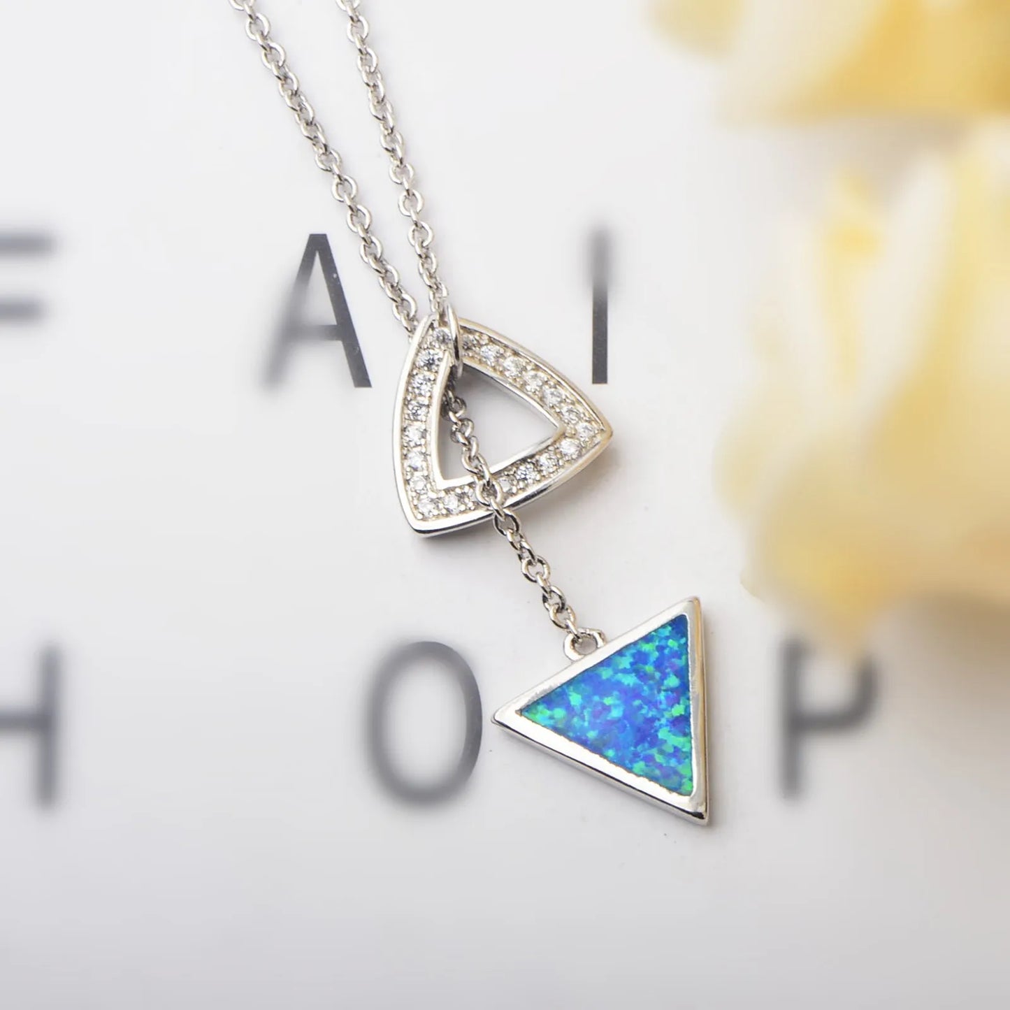 Geometric Copper Silver Plated Opal CZ-Accented Pendant Necklace | Trendy Women's Sweater Chain Jewelry Bulk Gifts
