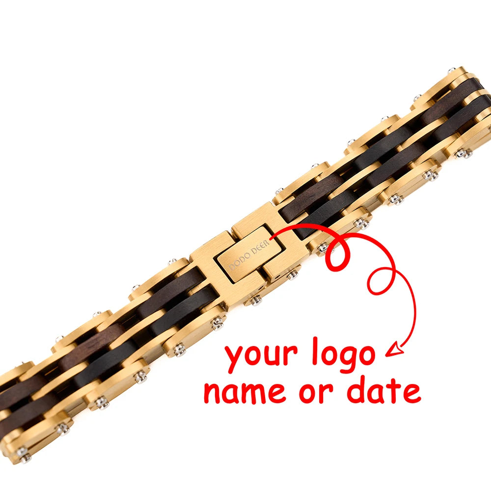 REBEL Luxury Wooden Unisex Stainless Steel Chain Bracelet Vintage Black Zinc Plated Custom Logo Engraving Handmade Fashion Jewelry