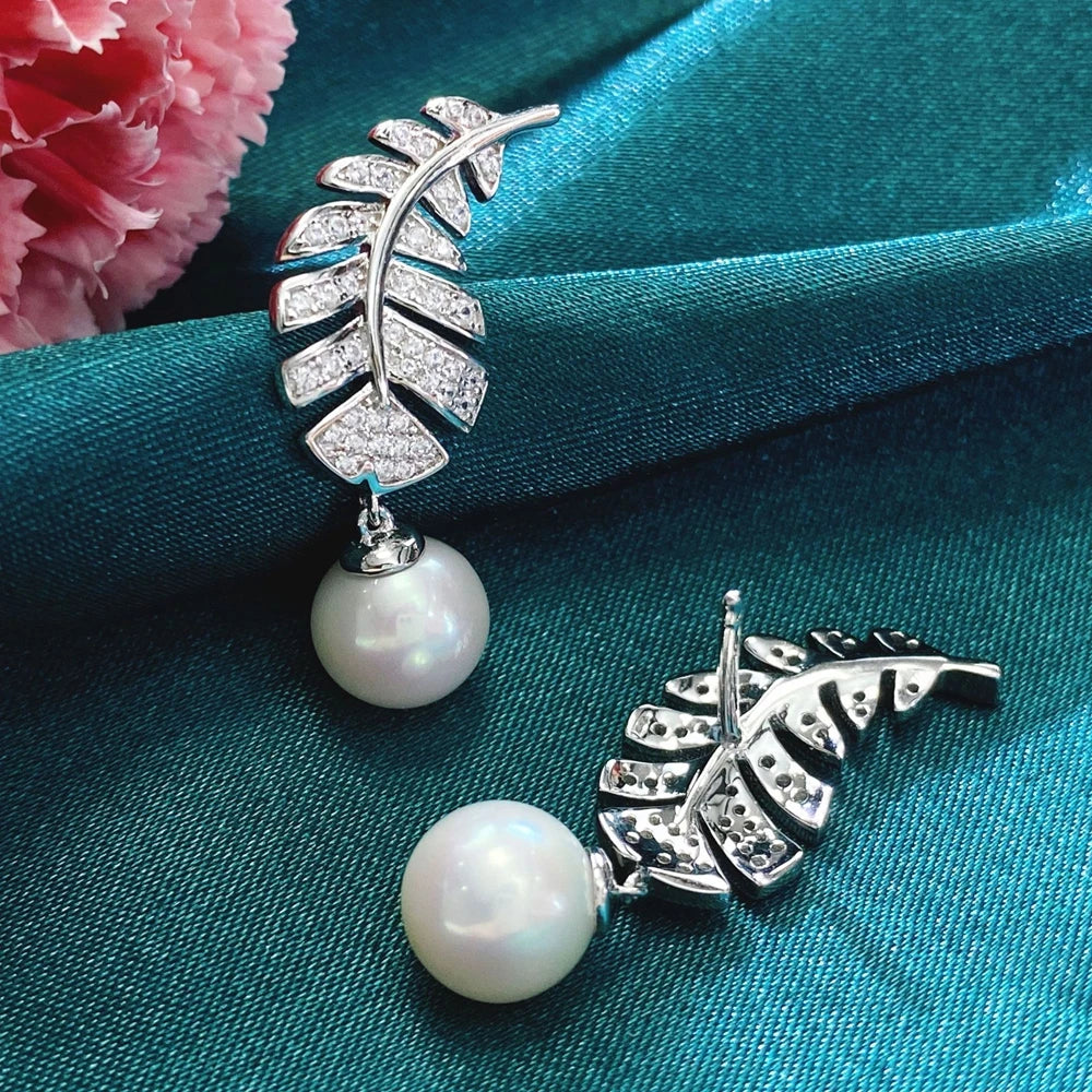 MUSHAN Jewelry Factory Feather Personality and Temperament Women 8mm White Beaded Earrings High Carbon Diamond Earrings