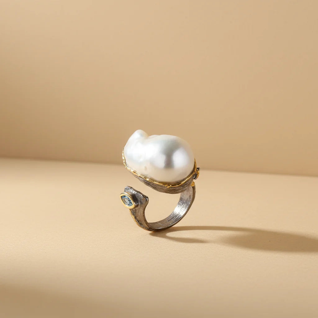 Big Natural Baroque Pearl 925 Sterling Silver Women Design Ring