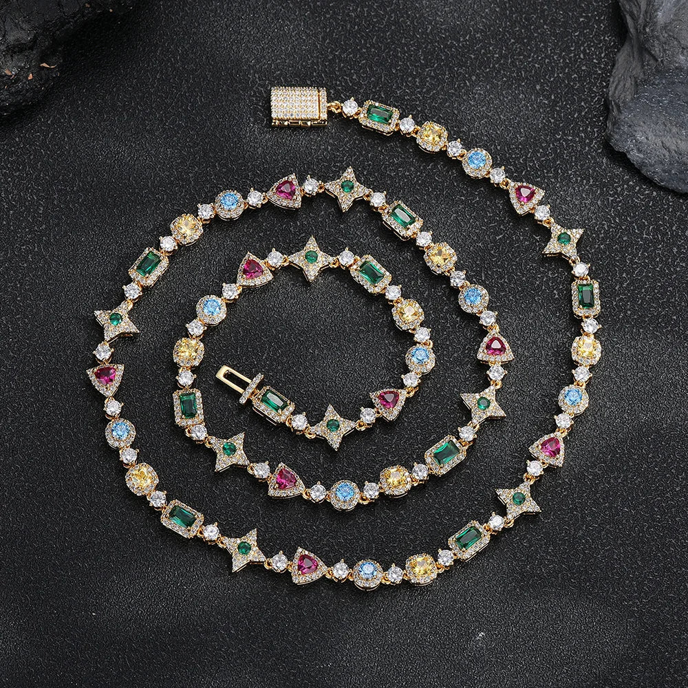 Luxury Geometric Zircon Tennis Necklace for Men and Women Colorful Gemstone Gold Plated Hip-Hop Necklaces