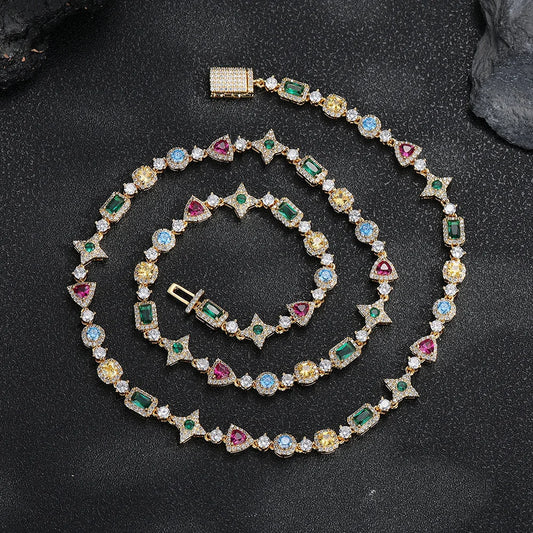 REBEL Luxury Geometric Zircon Tennis Necklace | Colourful Gemstone Hip-Hop Jewellery