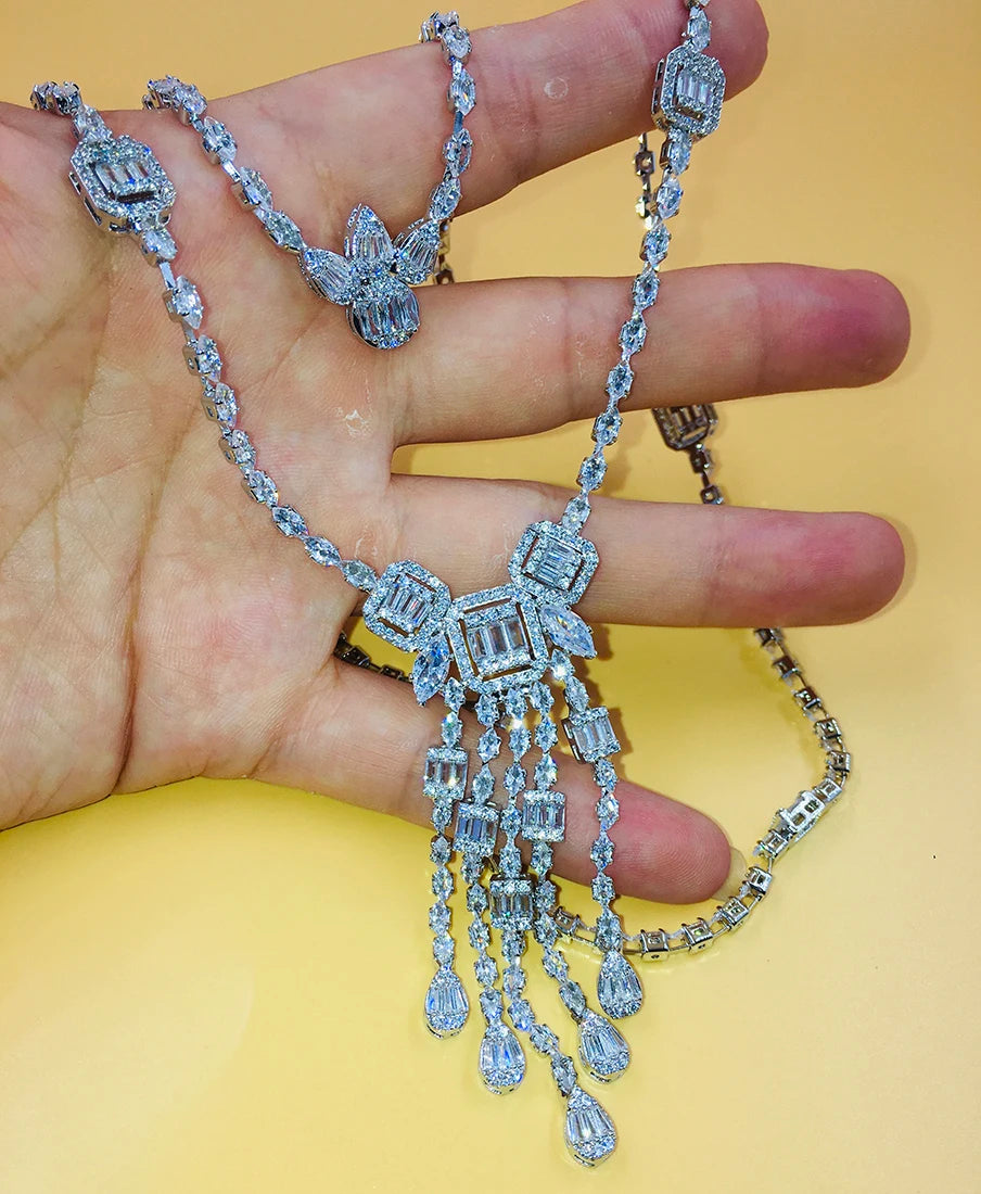 Luxury Full-Paved Radiant-Cut Zirconia Double-Layer Long Tassel Pendant Necklace & Earrings Set — Rhodium Plated