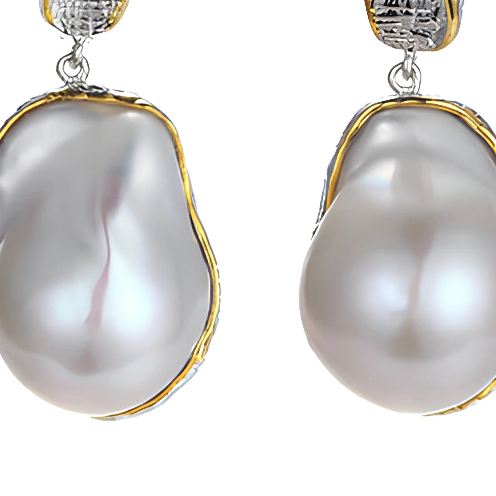 Custom Design Gold Plated Large Baroque Pearl Earrings 925 Sterling Silver