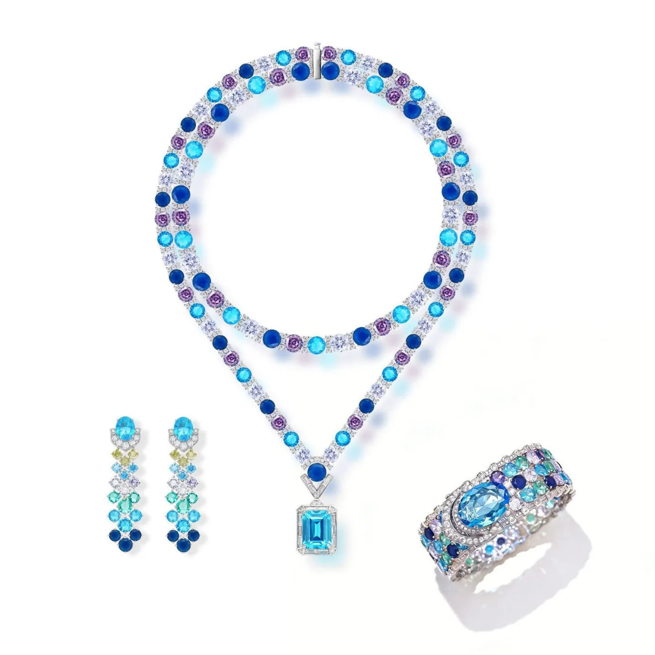 New Arriving Gradient Colorful Zirconia Jewelry Set Gold Plated Heavy Luxury Necklace Earrings Bracelet 3pcs Women Jewelry Set