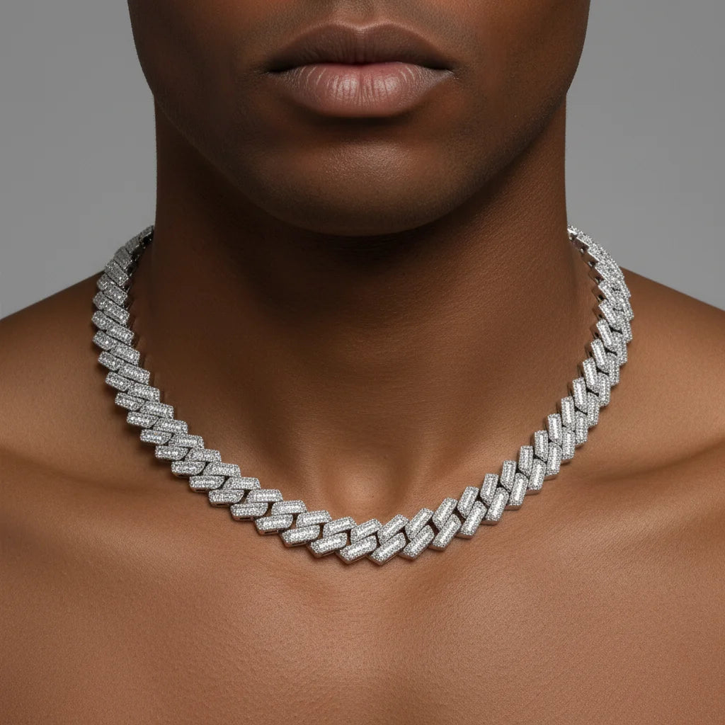 12mm Full Pave Artisan-Set Double-Lock Clasp Hypebeast Fine 925 Silver Clarity Cultured Moissanite 3D Cuban Link Chain Necklace